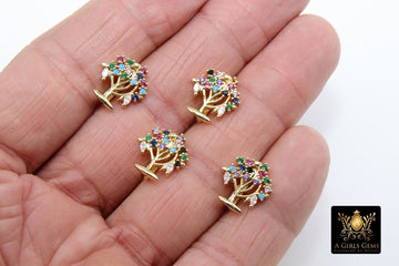 Tree of Life Slider Charms, Gold Rainbow CZ Pave Round Family Tree Charms, Pendant Bracelet